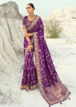 Purple Woven Banarasi Embroidered Soft SIlk Saree