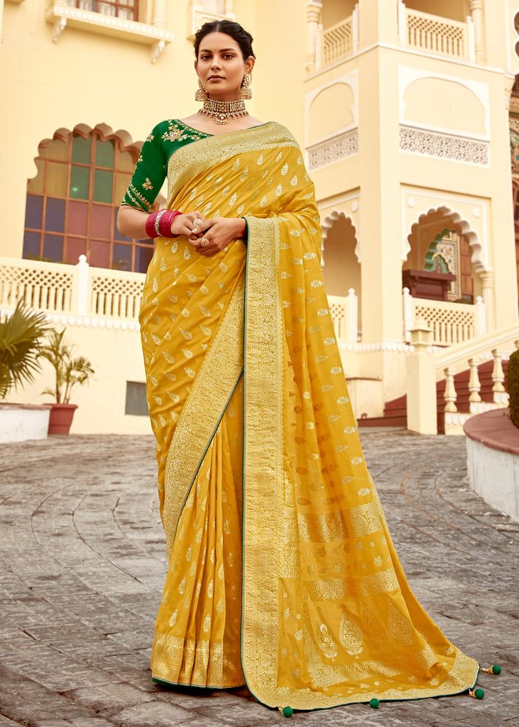 Festive Yellow Woven Banarasi Designer Silk Saree With Embroidered Blouse