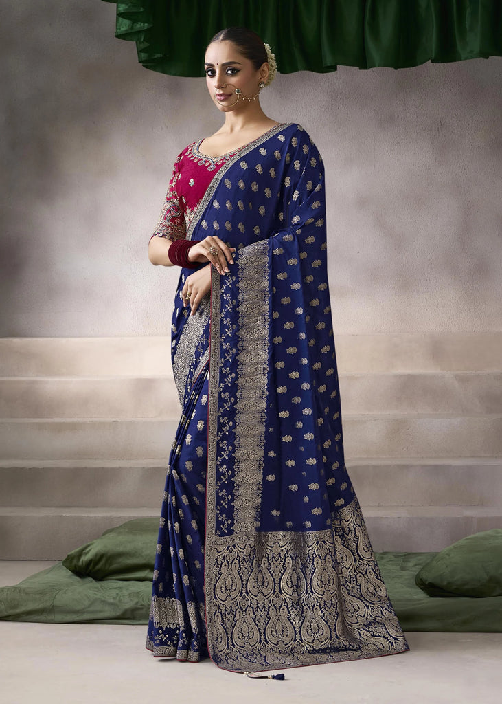 “Exclusive Offer” : Navy Blue Banarasi Designer Saree With Embroidered Blouse