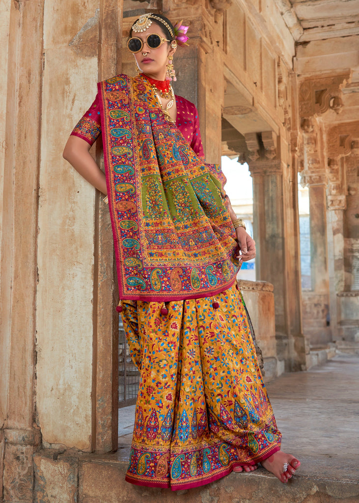 Dusky Yellow Printed Kashmiri Jamewar Saree