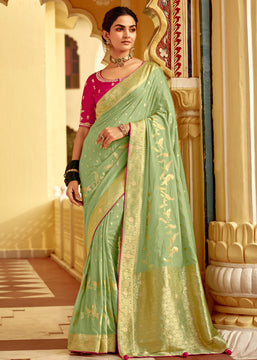 Sweet Green Woven Banarasi Designer Silk Saree With Embroidered Blouse