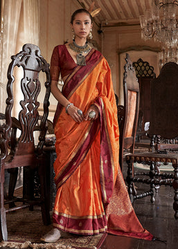 Saffron Orange Banarasi Tussar Silk Saree