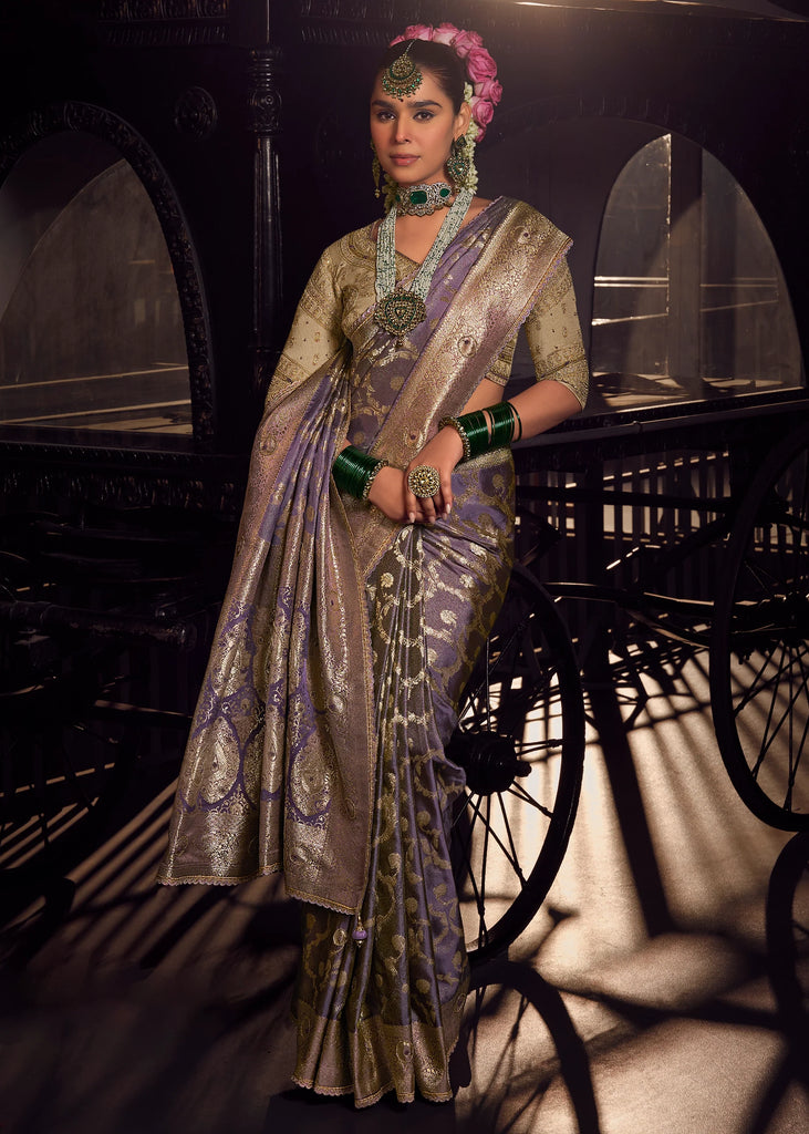 “Exclusive Offer” : Aster Purple Woven Banarasi Satin Silk Saree