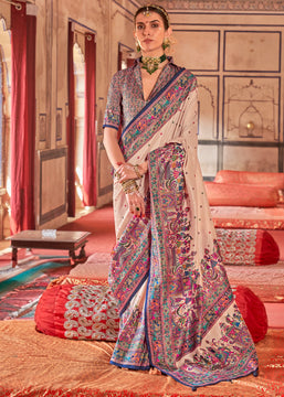 Off White And Blue Printed Kashmiri Jamewar Saree
