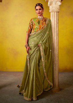 Kiwi Green Woven Embroidered Chiffon Saree