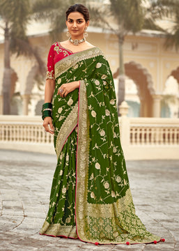 Mehndi Green Woven Banarasi Designer Silk Saree With Embroidered Blouse