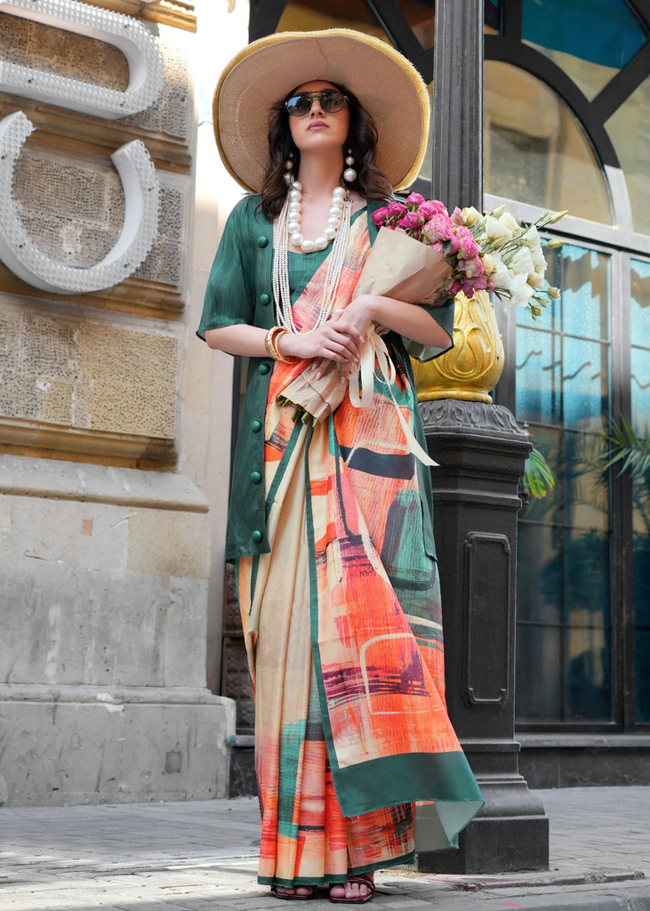 Cream Beige Digital Printed Soft Silk Saree