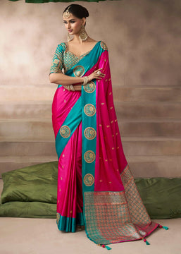 “Exclusive Offer” : Rani Pink Woven Banarasi Satin Silk Saree