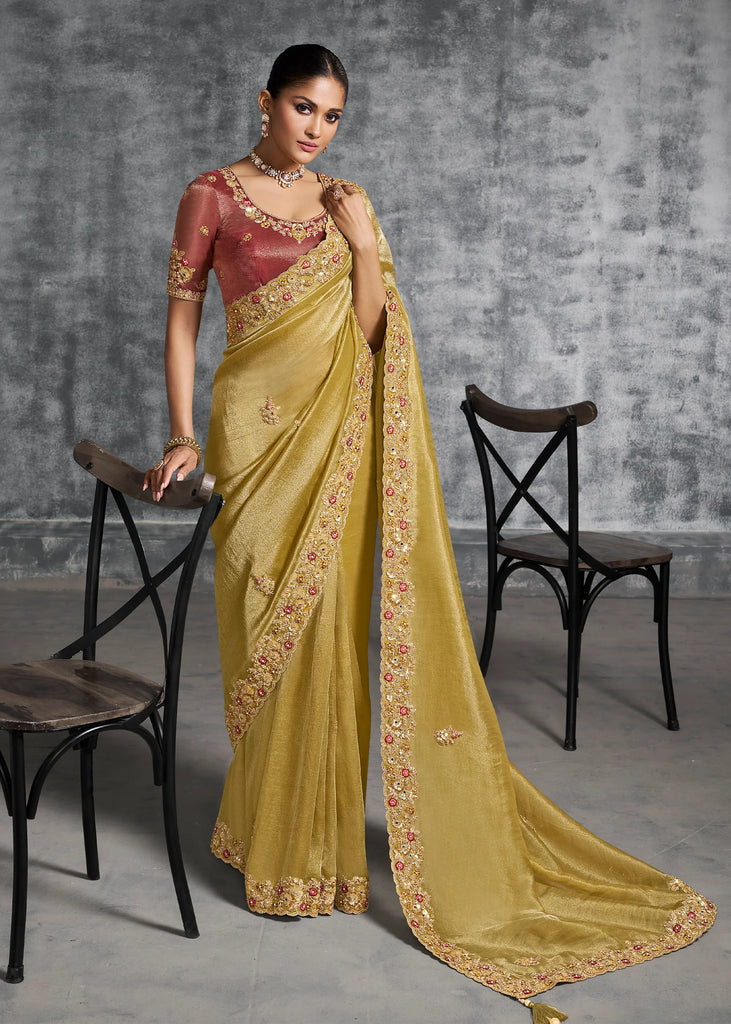 Mustard Yellow Embroidered Tissue Silk Saree