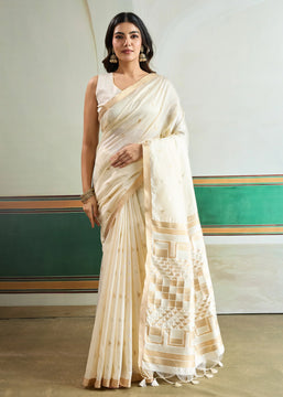 Snow White Woven Tussar Silk Saree