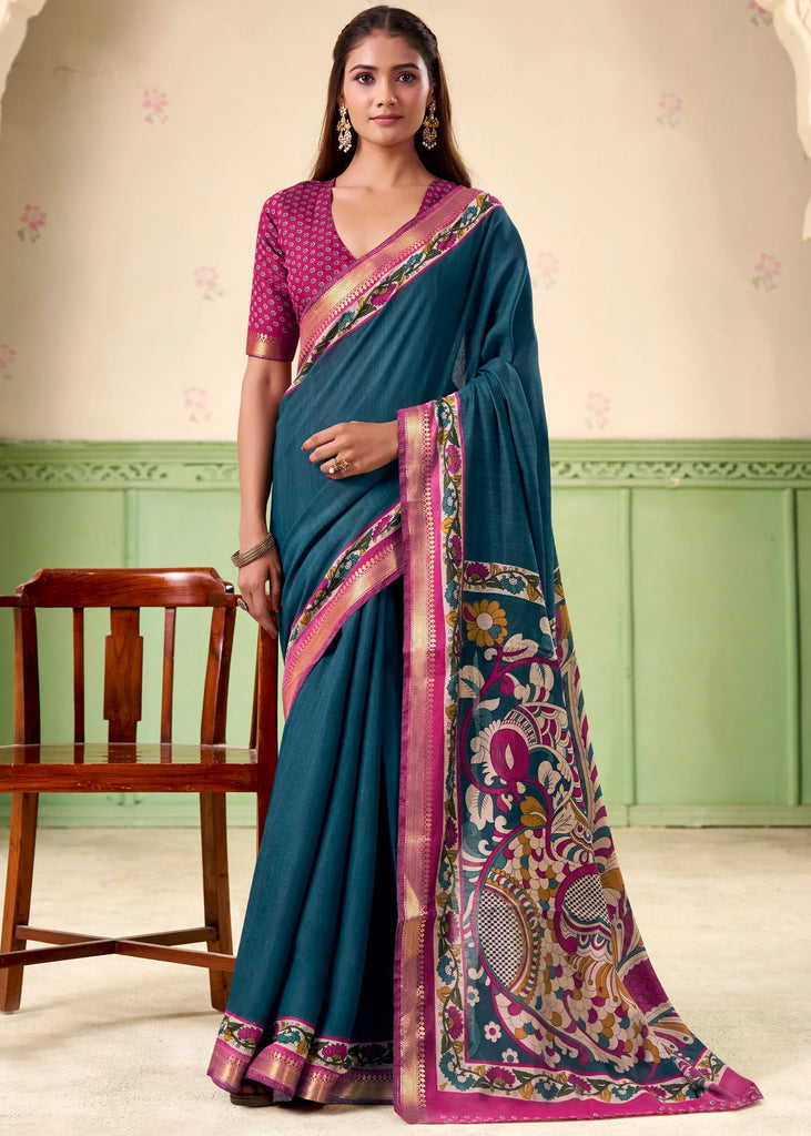 Coral Blue kalamkari Printed Cotton Silk Saree