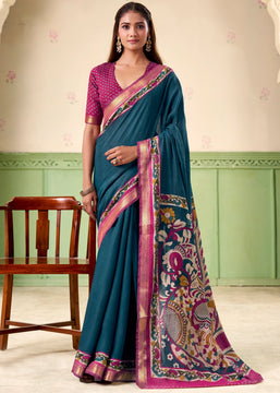 Coral Blue kalamkari Printed Cotton Silk Saree
