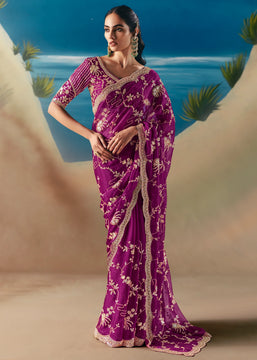 Magenta Pink Satin Organza Embroidered Saree