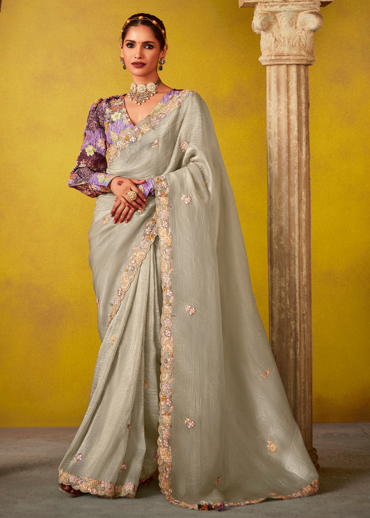 Powder Grey Woven Embroidered Chiffon Saree