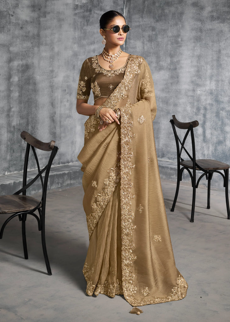 Almond Beige Embroidered Tissue Silk Saree