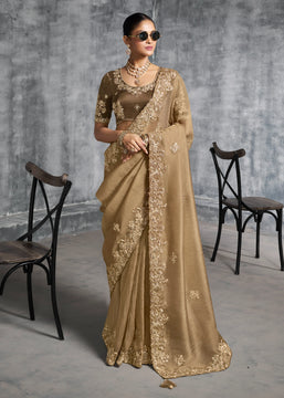 Almond Beige Embroidered Tissue Silk Saree