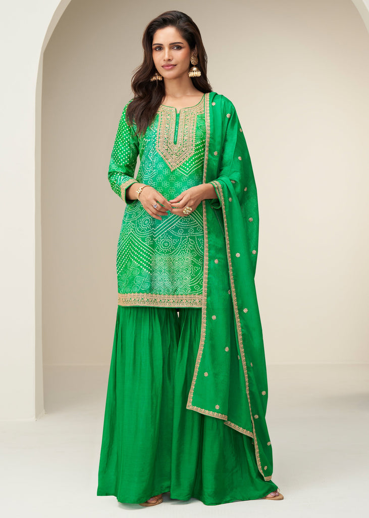 Spring Green Bandhej Print Embroidered Sharara Set
