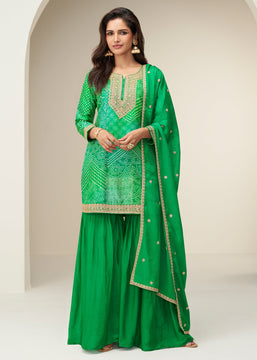 Spring Green Bandhej Print Embroidered Sharara Set
