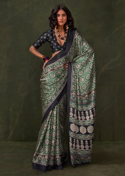 Medium Green Printed Satin Crepe Silk Saree