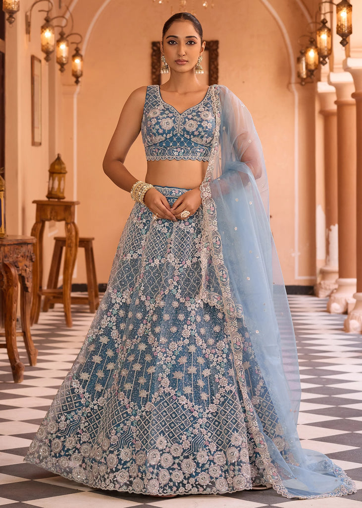 Teal Blue Embroidered Net Lehenga