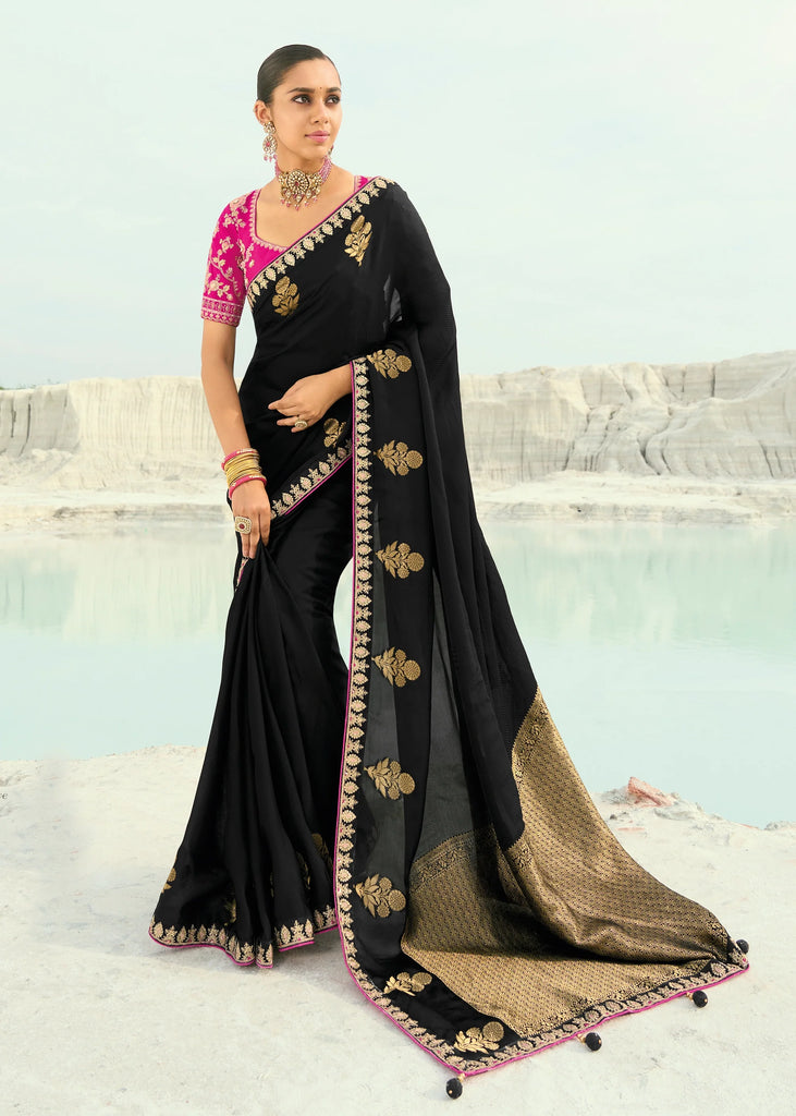 Black Woven Banarasi Embroidered Organza Satin Silk Saree
