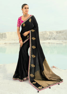 Black Woven Banarasi Embroidered Organza Satin Silk Saree