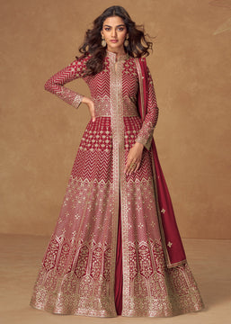 Earthy Red Embroidered Georgette Anarkali with Dupatta