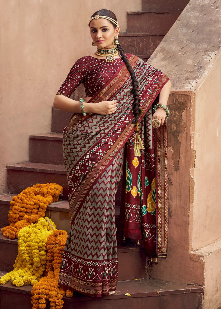 Tibetan Red Printed Patola Silk Saree