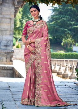 Mauve Pink Woven Banarasi Designer Silk Saree With Embroidered Blouse