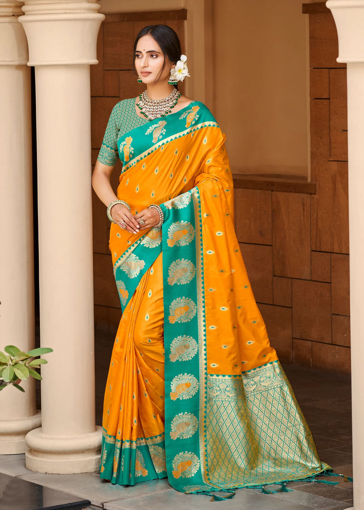 Orange & Green Woven Banarasi SIlk Saree