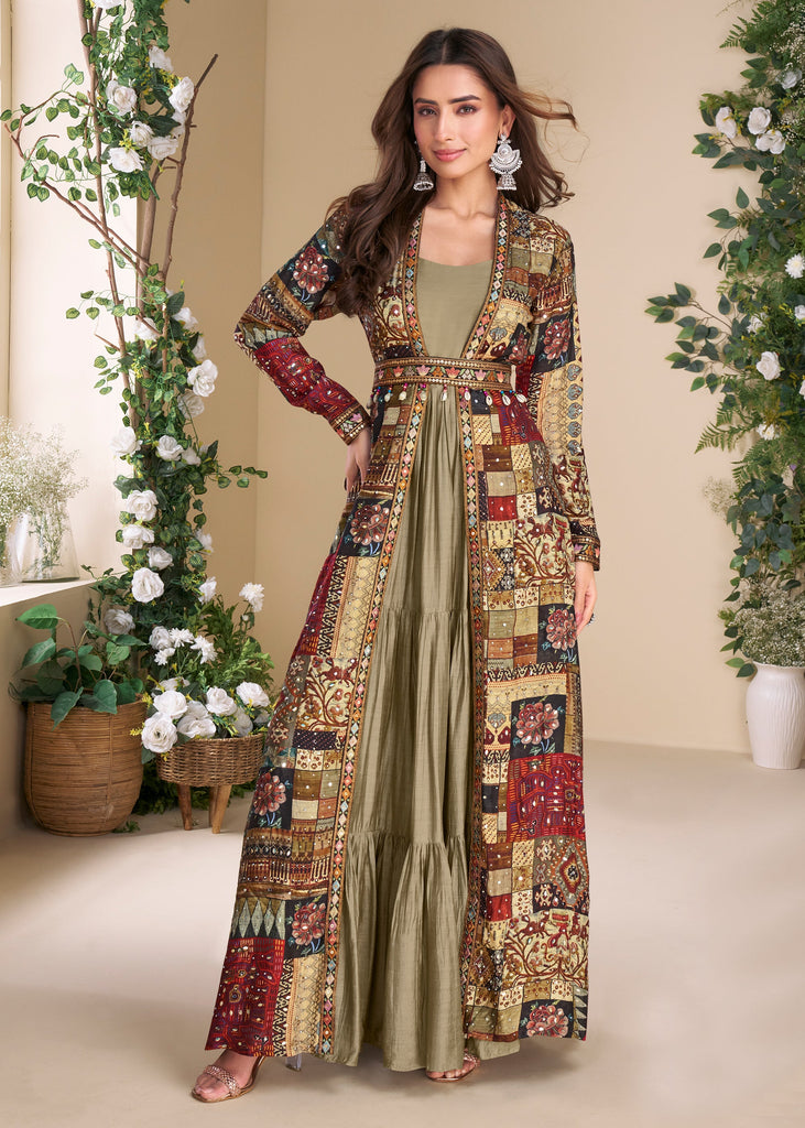 Golden Green Shrug Style Anarkali with Embroidered Work