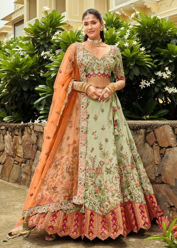 Green & Orange Embroidered Stitched Designer Lehenga