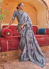 Deep Grey Floral Printed Silk Saree With Contrast Border