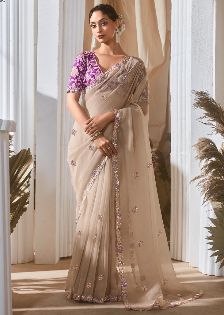 Pre Order:Dusky White Designer Silk Saree