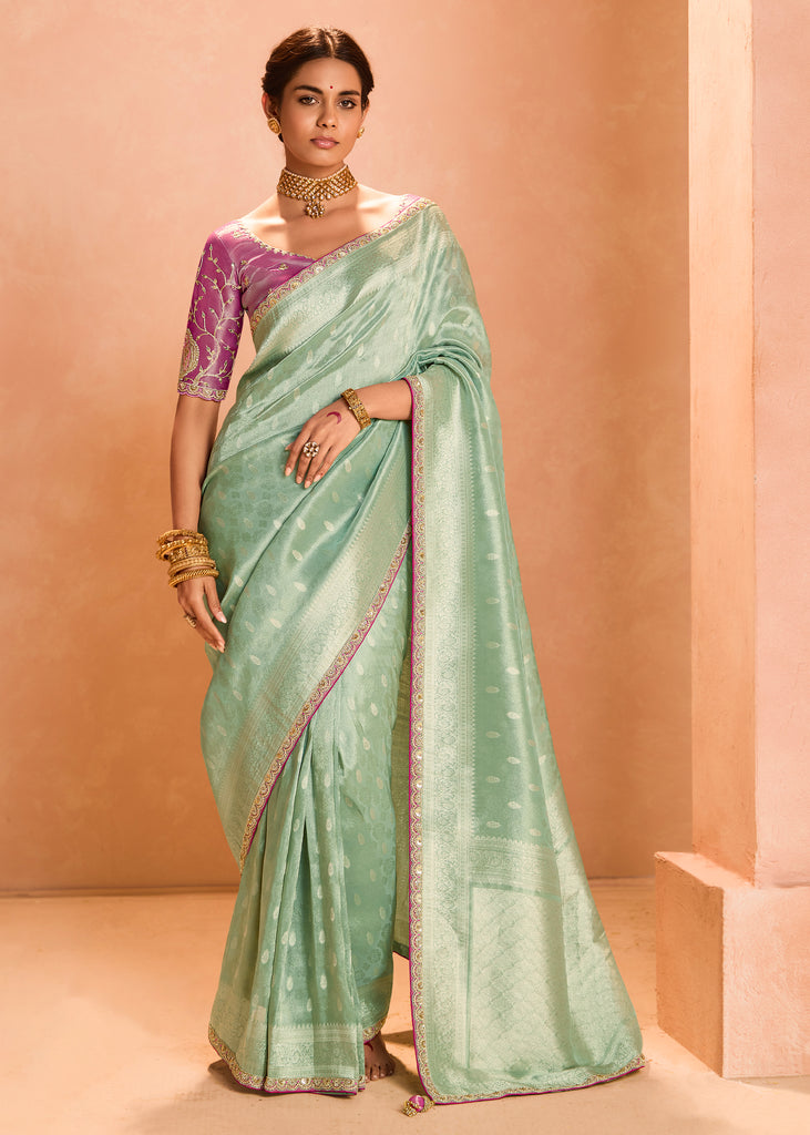 Mist Green Woven Banarasi Designer Tissue Silk Saree With Embroidered Blouse