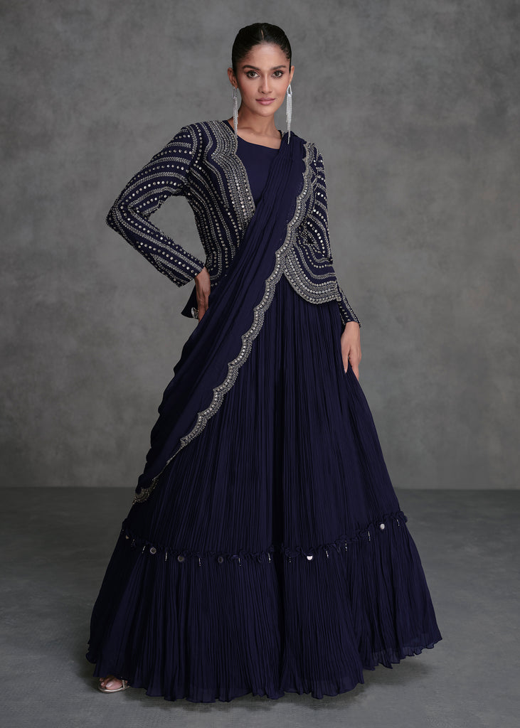 Dark Blue Party Wear Lehenga With Jacket