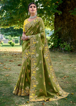 Turtle Green Woven Banarasi Designer Silk Saree With Embroidered Blouse