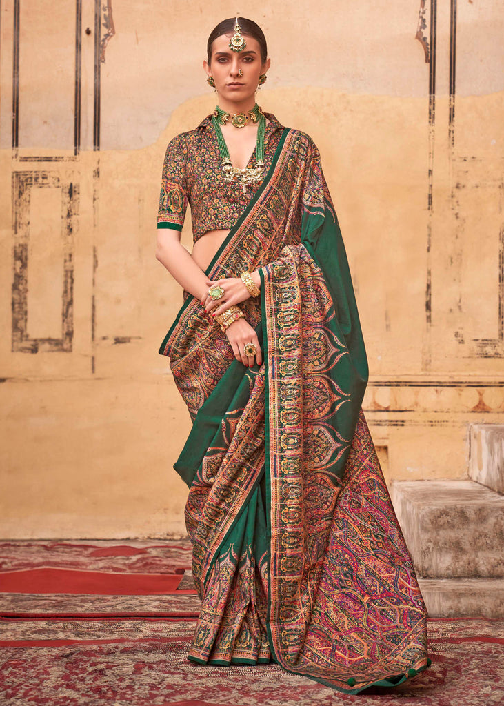 Hunter Green Printed Kashmiri Jamewar Saree