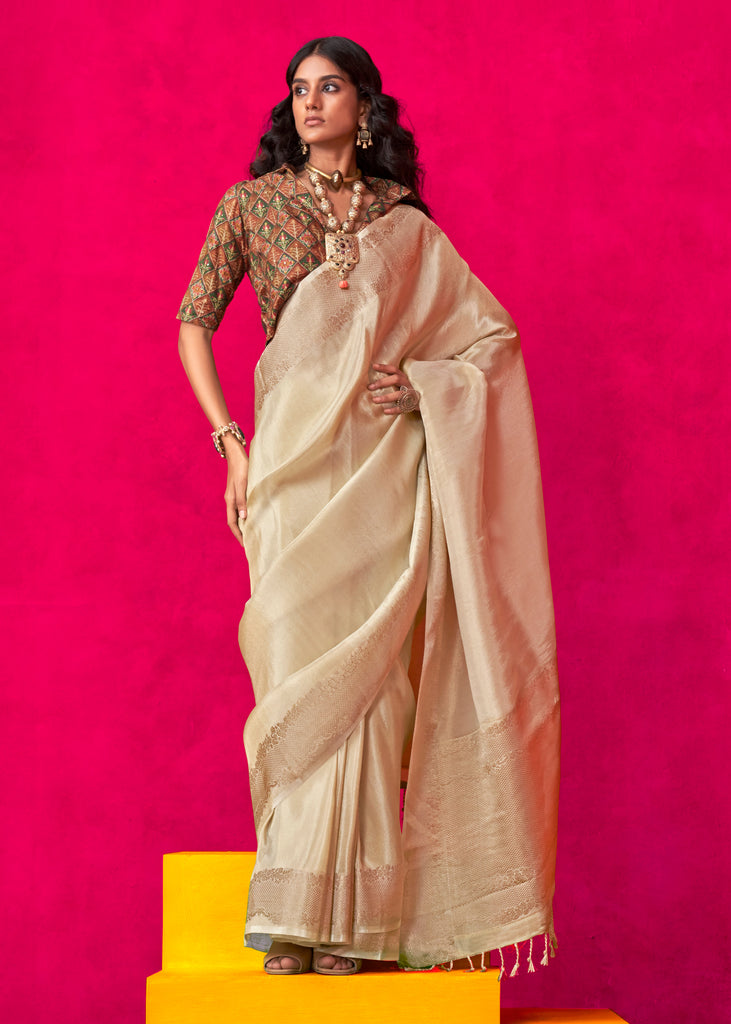 Pearl White Woven Banarasi Tissue Silk Saree With Contrast Blouse