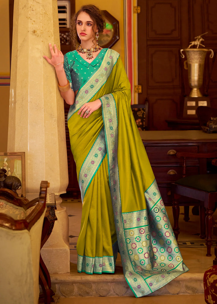 Pista Green Woven Banarasi Soft Silk Saree