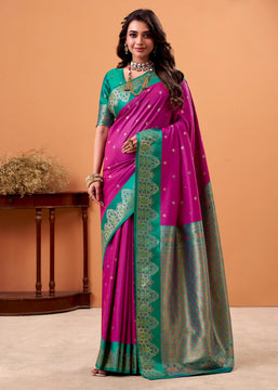Magenta Pink Banarasi Satin Silk Saree
