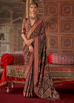 French Brown Light Weight Printed Silk Saree