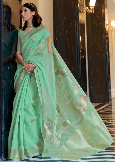 MINT GREEN WOVEN BANARASI LINEN SILK SAREE (6938615742657)