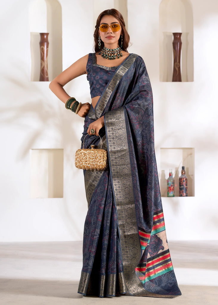 Midnight Blue Banarasi Printed Soft Silk Saree
