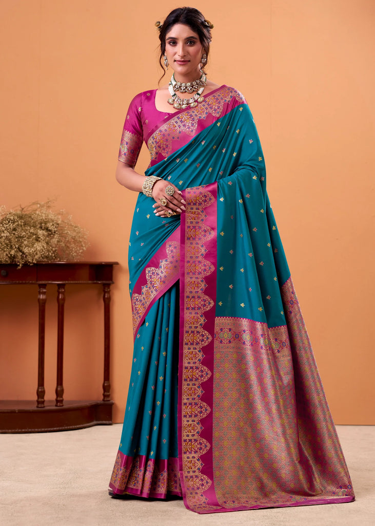 Teal Blue Banarasi Satin Silk Saree