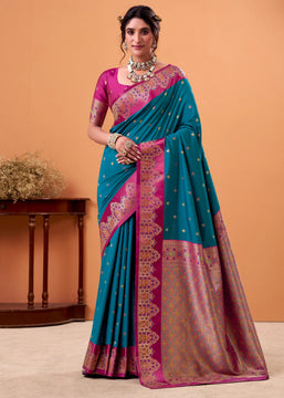Teal Blue Banarasi Satin Silk Saree