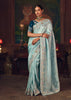 Aqua Blue Woven Embroidered Saree