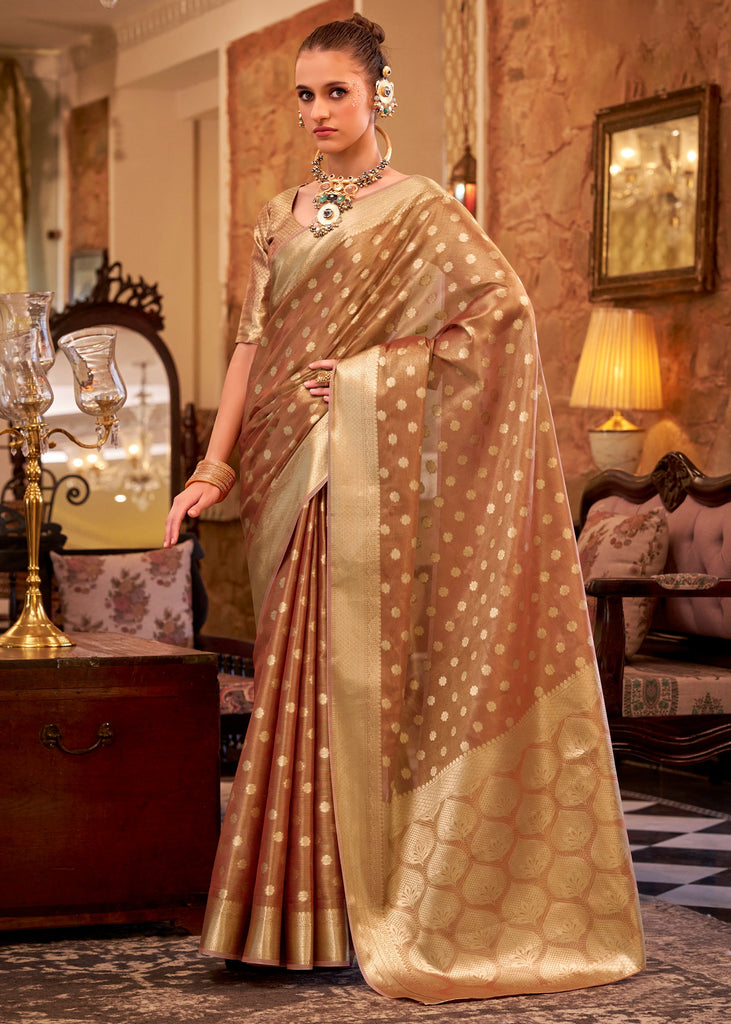 Plum Peach Woven Banarasi Tissue Silk Saree