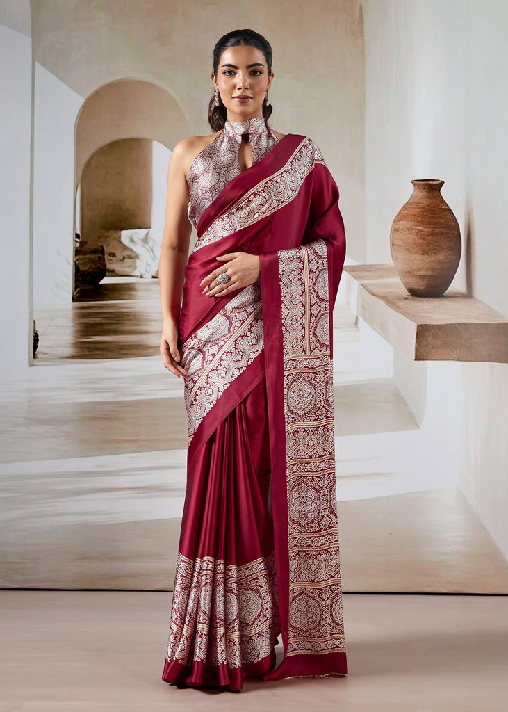 Rich Red Printed Satin Silk Saree