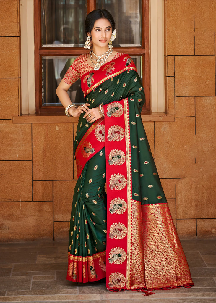 Green & Red Woven Banarasi SIlk Saree